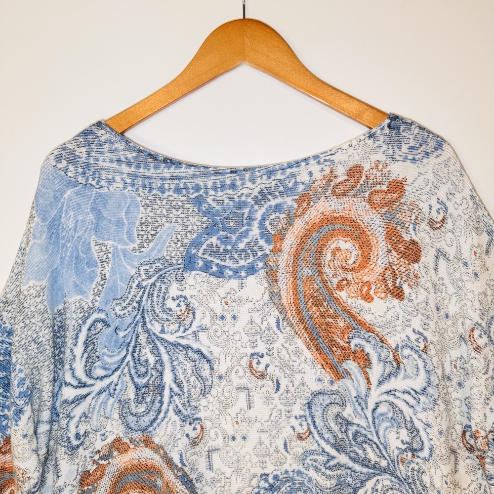 Chicos Knit Top Womens 3 Blue Paisley Orange Short Sleeve Lightweight XL‎ Beach - Picture 3 of 13